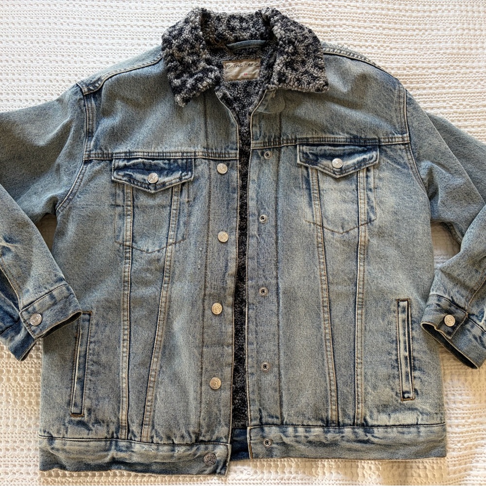 Free People Denim Leopard Sherpa-Lined Jacket